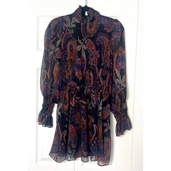 Zara Black Chiffon Floral Paisley Printed High Neck Mini Dress Size Small - Picture 6 of 9